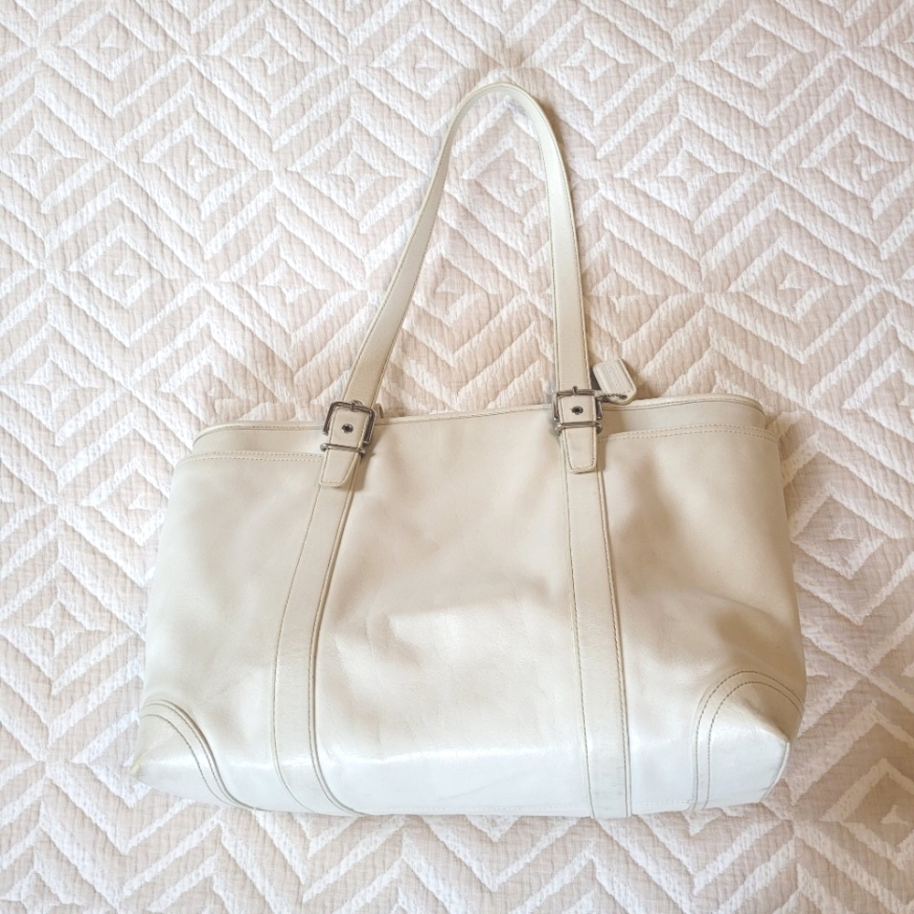 Coach zip top handbag with diaper pad in white leather